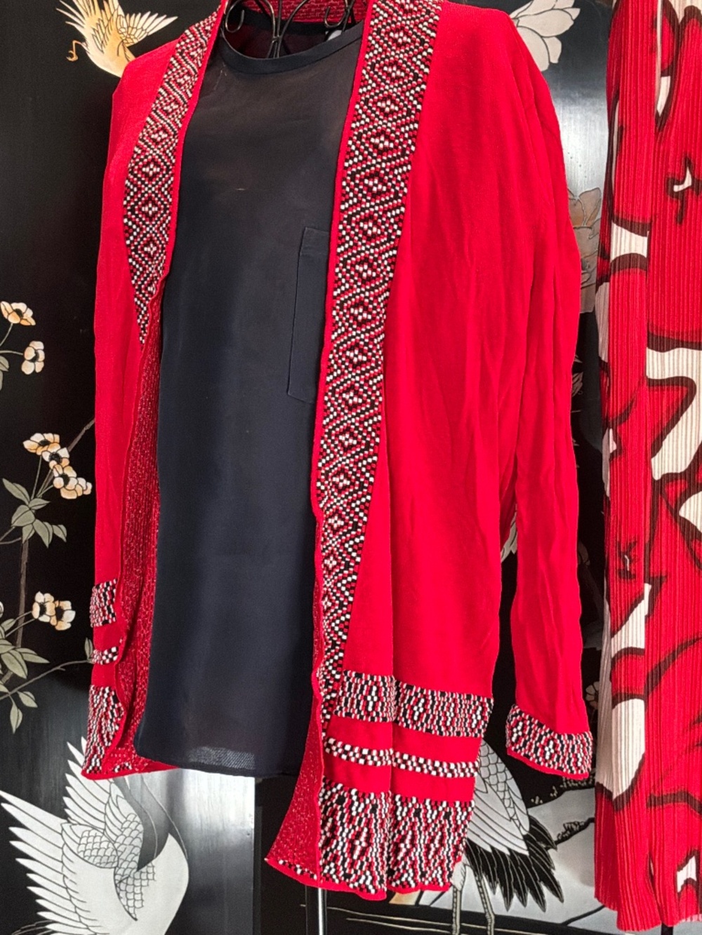 Ruby Rd. Red Knit Open-Front Geometric Cardigan Sweater - Women's Size Medium